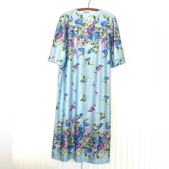 Vintage Nightgown Blue Purple Floral House Dress Zip Up Pom Pom Grandma XXl - Picture 5 of 10